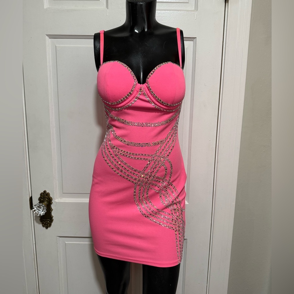 Hot Pink Rhinestone Prom Homecoming Formal Pageant Dress Size Small Adjustable